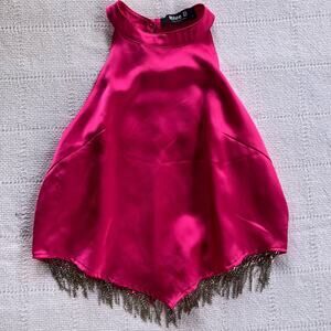Blue B Rhinestone Fringe Satin Halter Top Women's Small Pink Western Festival